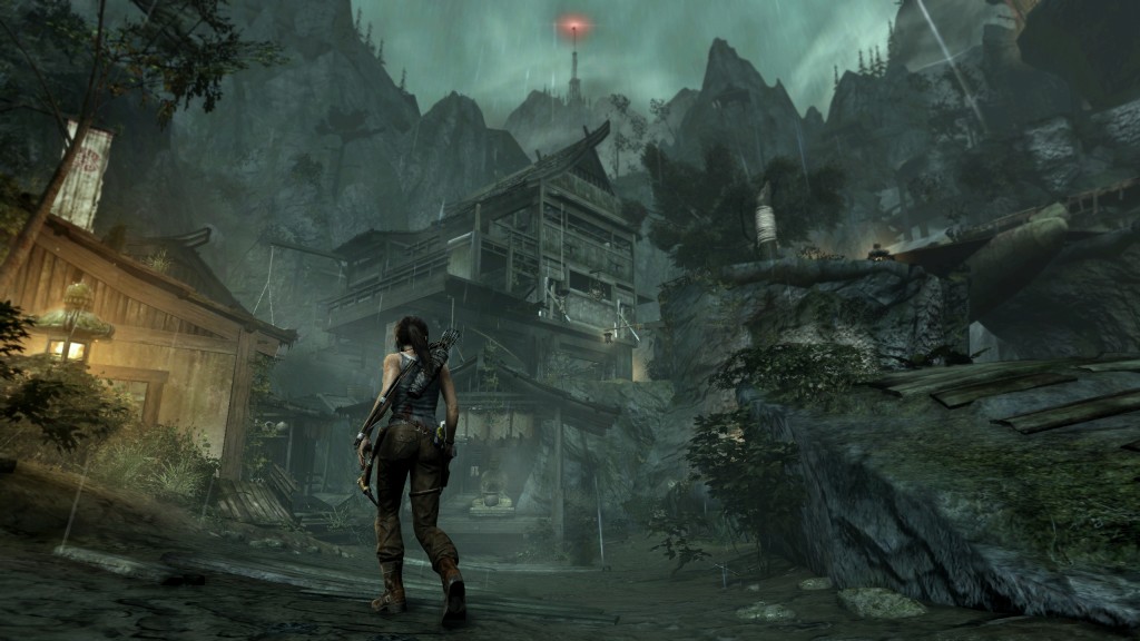 Lara Croft dans un village lors de son exploration