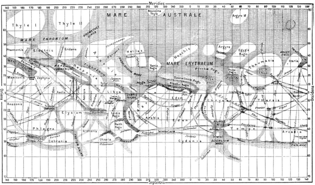 Carte de Mars dessinée par Schiaparelli en 1877. Au-delà des noms donnés aux "mers" et "continents", ce sont surtout les lignes droites qui ont intriguées les astronomes du monde entier.