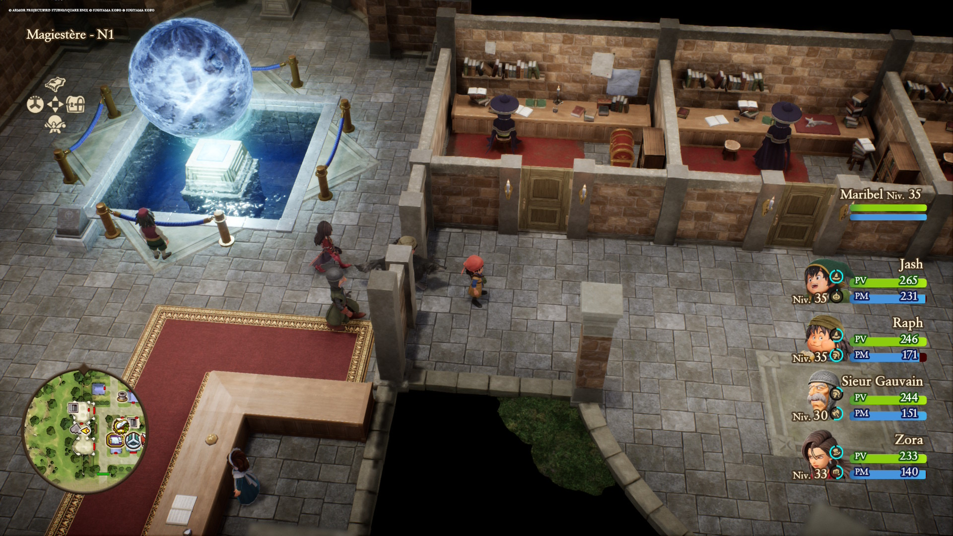 Un décor de DQVII reimagined qui montre l'effet diorama des décors, ici une boutique divisée en plusieurs pièces en pierres avec un tapis rouge.