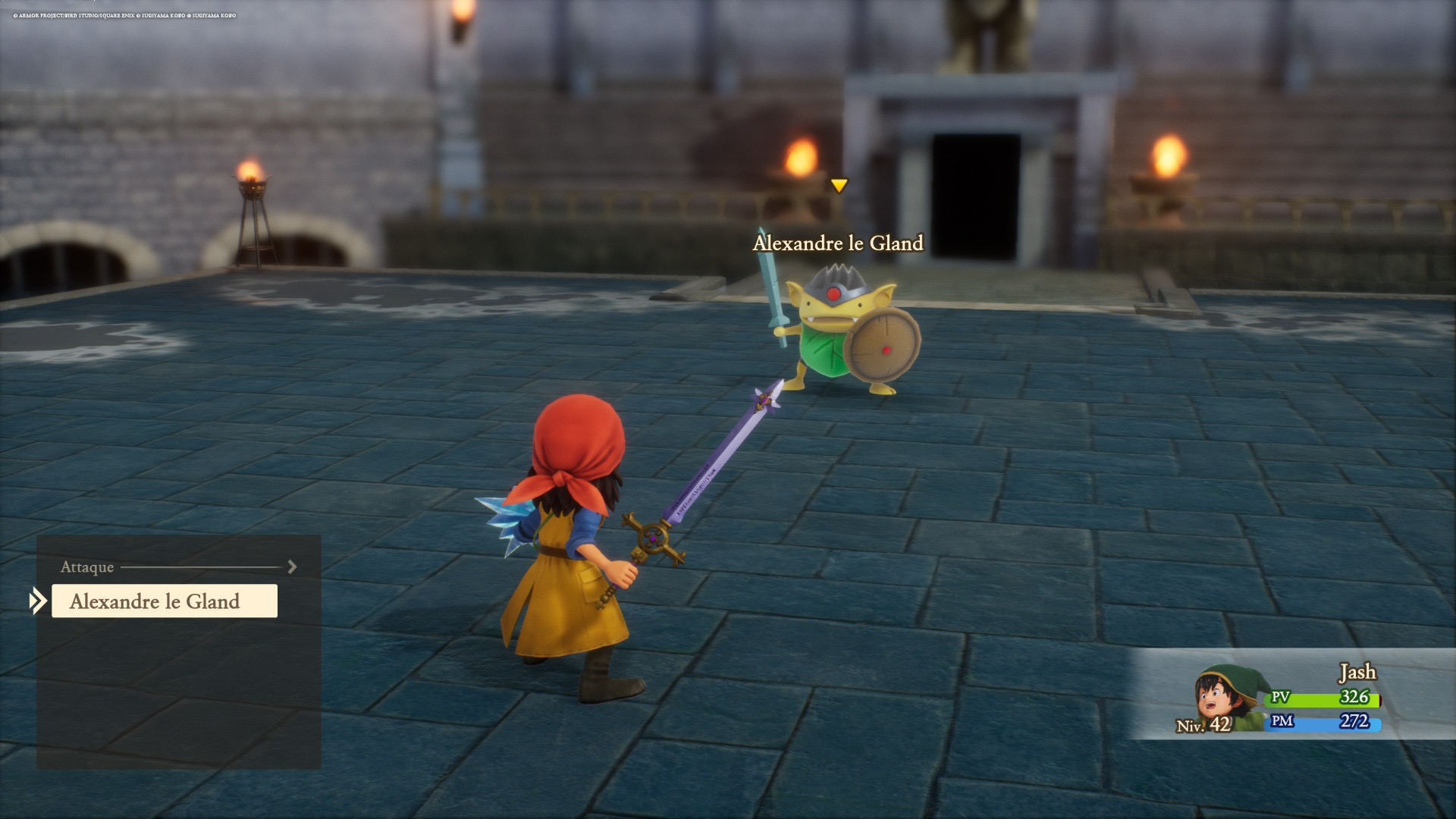 Une image de combat de DQVII qui montre le héros de dos en train d'affronter un monstre nommé Alexandre le Gland.