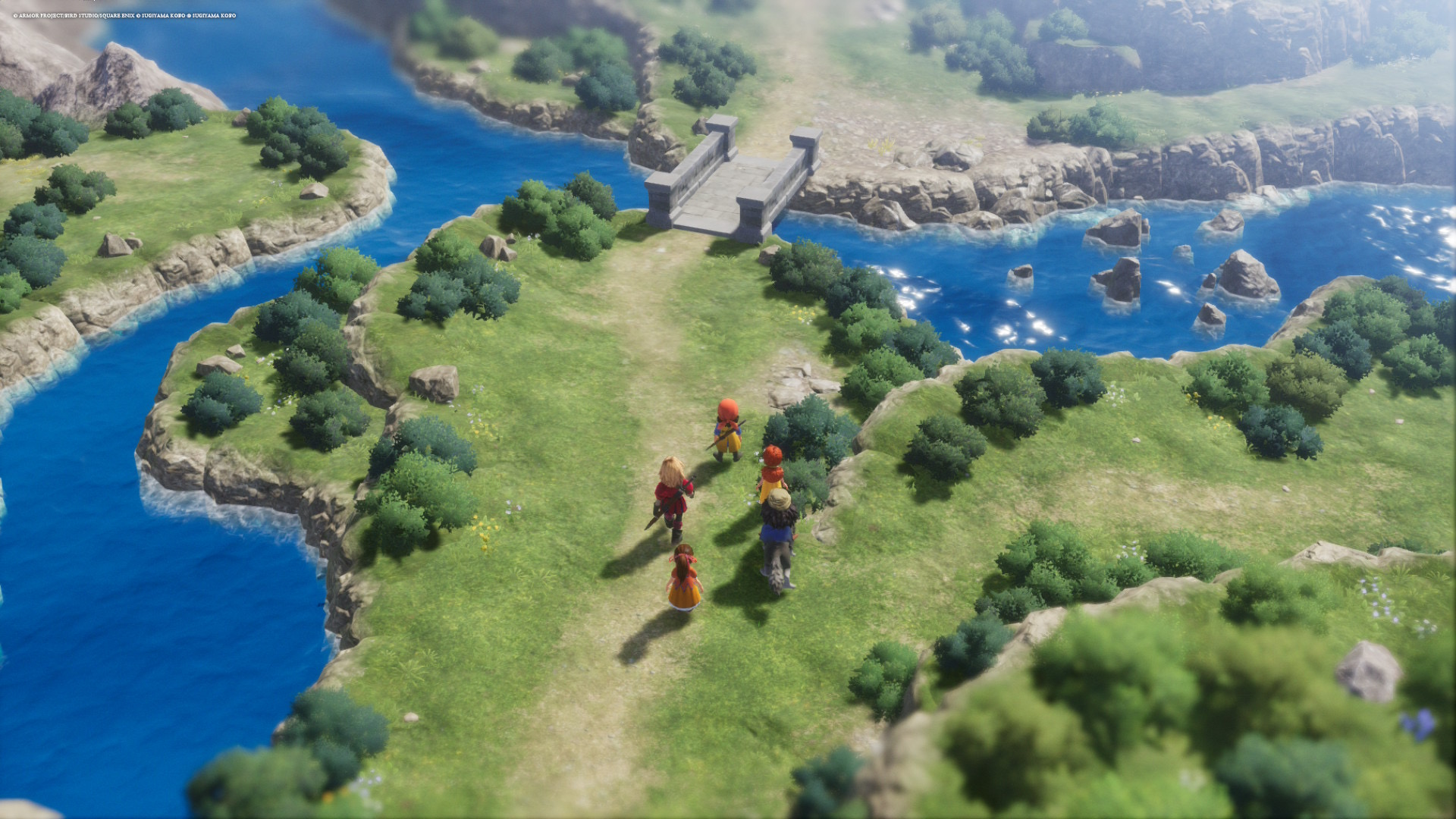 Les héros de DQVII sur le carte du monde traversant des plaines et des rivières en vue de dessus.