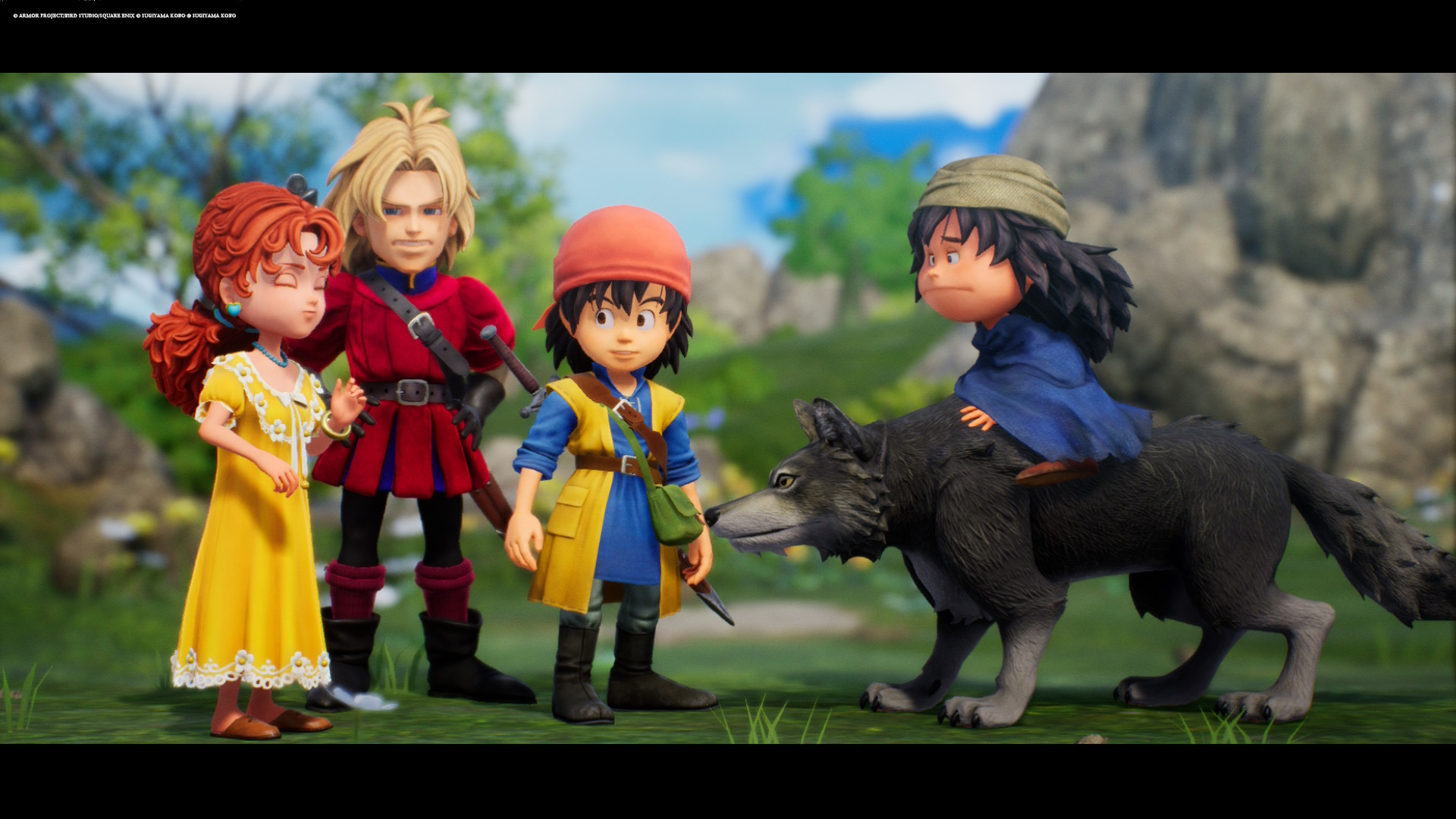 Une image d'une cinématique de Dragon Quest VII qui montre 4 personnages dans une plaine.