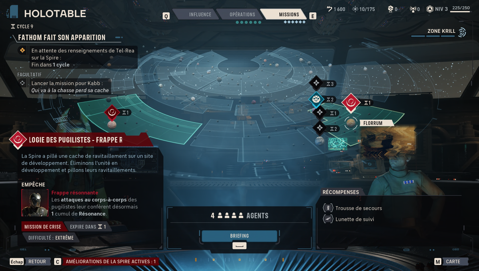 Capture de Star Wars Zero Company : l'holotable de la base affiche une carte galactique avec les missions disponibles. Une mission de crise de difficulté extrême, qui vise la Spire, est sélectionnée, avec sa description et ses récompenses.