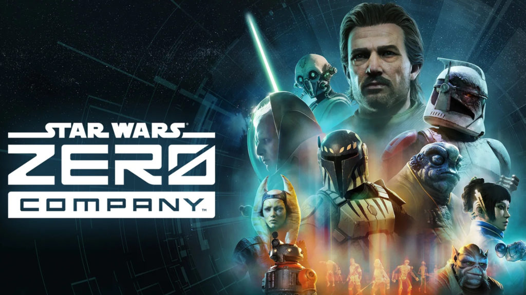Affiche promotionnelle du jeu vidéo Star Wars Zero Company, au format paysage, sur un fond bleu nuit étoilé traversé de fines lignes lumineuses, comme une carte holographique ou un écran de navigation spatiale.